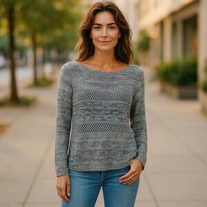 lou & grey Womens Sweater Sz Medium Black White Pullover Open Weave Reverse Knit